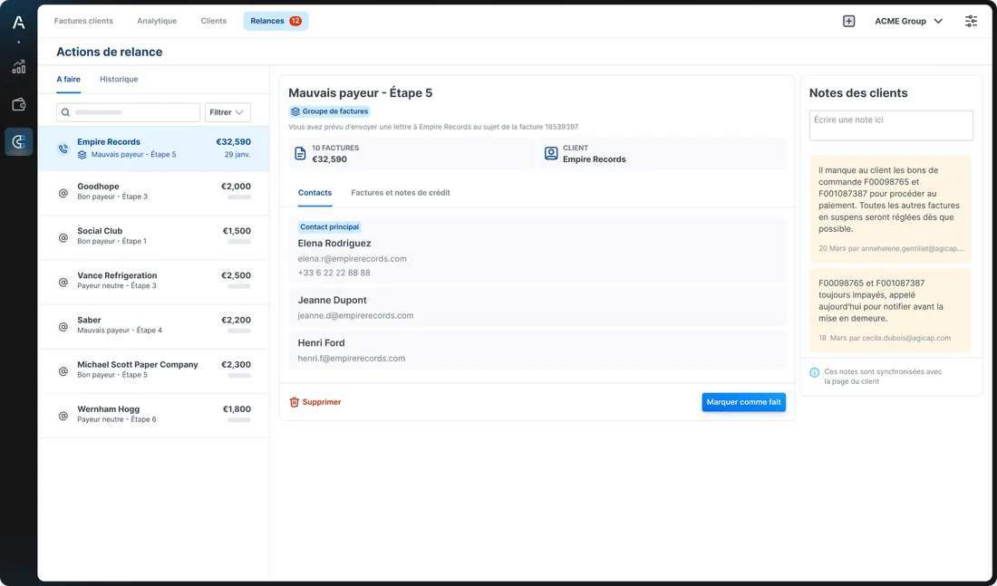 Actions de relance client dans Agicap